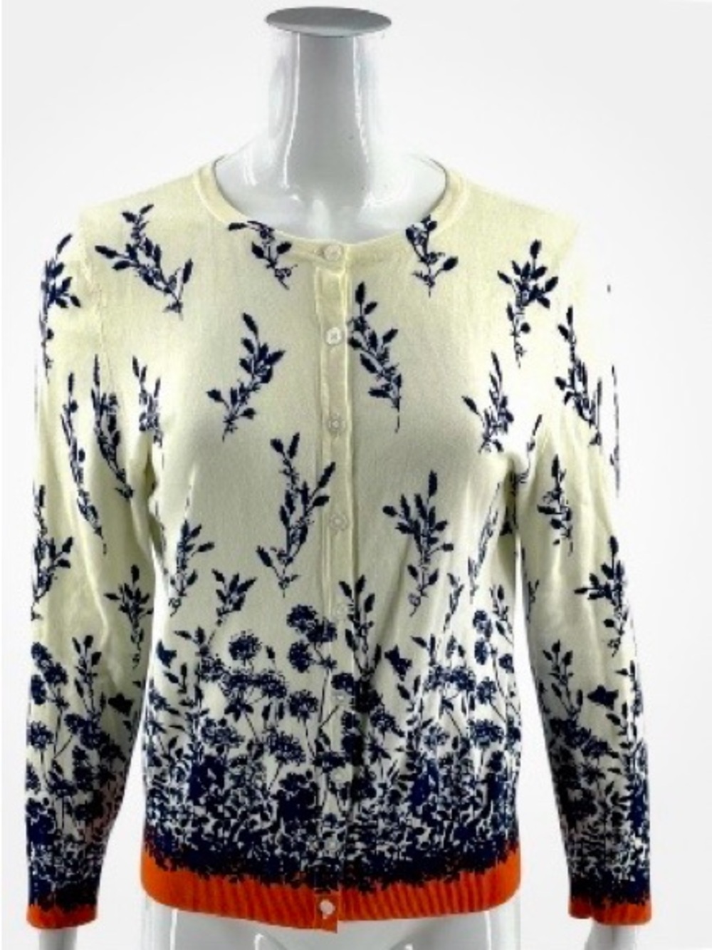 Talbots Cream and Navy Floral Button-Up Cardigan with Orange Trim